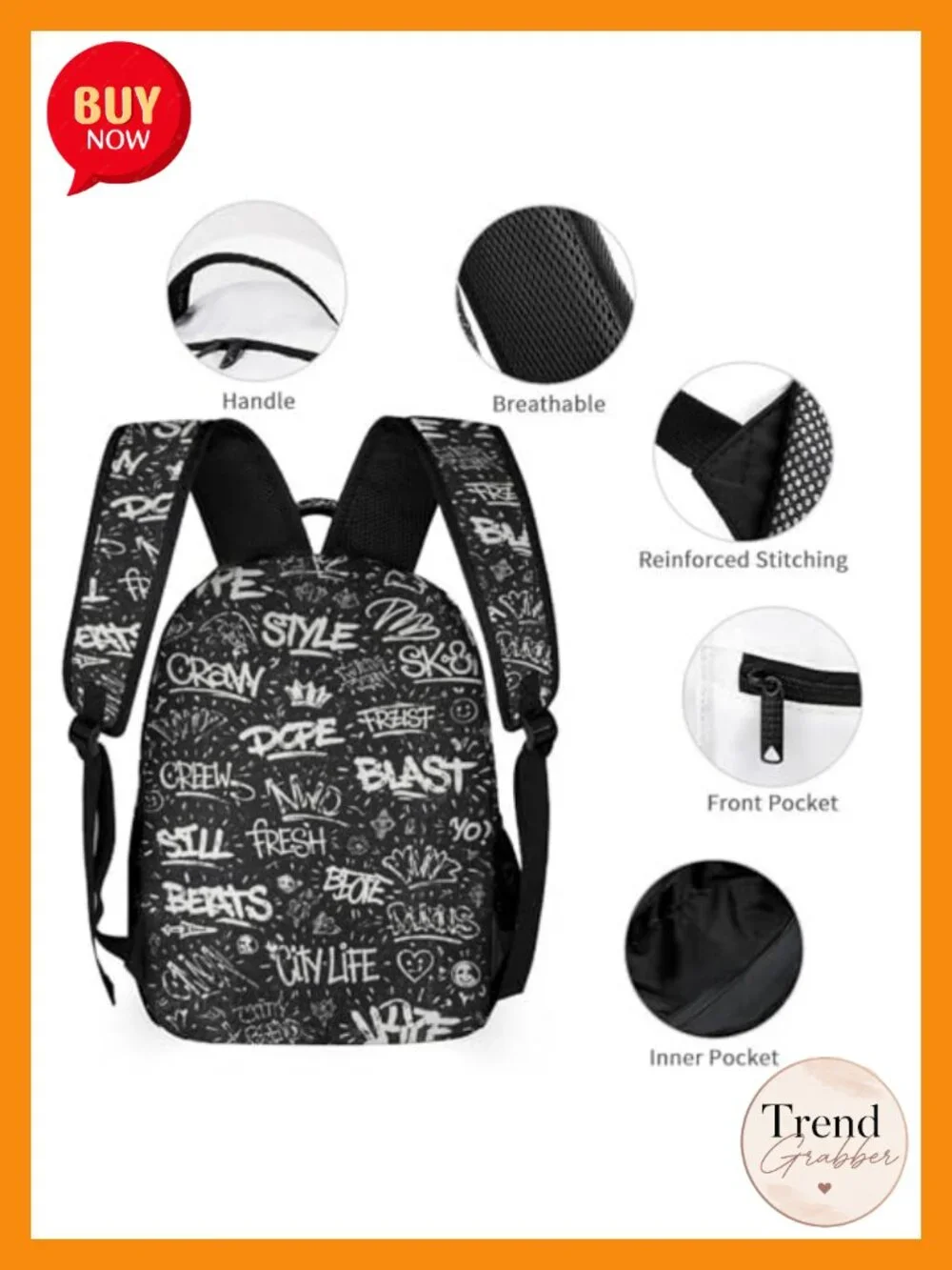 Graffiti Backpack Large Capacity Water-Resistant Oxford Fabric Adjustable Straps